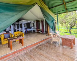 Luxury tented camp interior or exterior overlooking the Serengeti plains