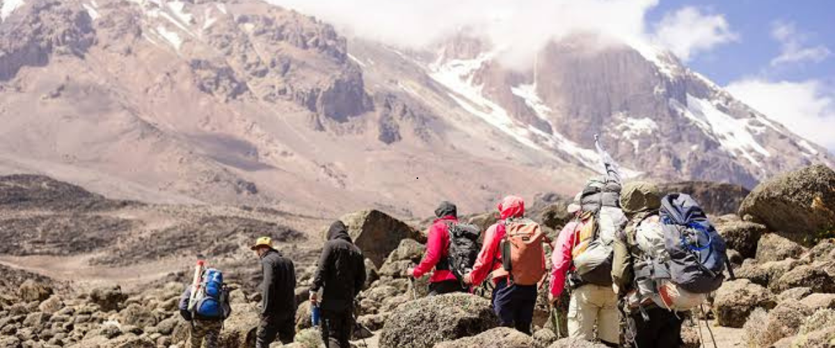 Climber trekking with a daypack and trekking poles in Mount Kilimanjaro's alpine desert terrain