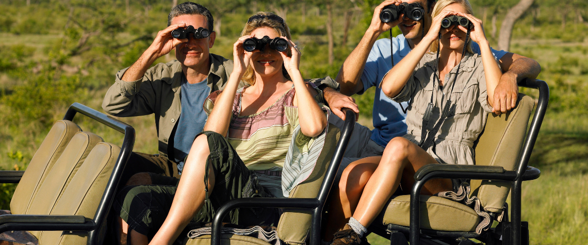 Safari vehicle viewing wildlife across the Serengeti plains in Tanzania