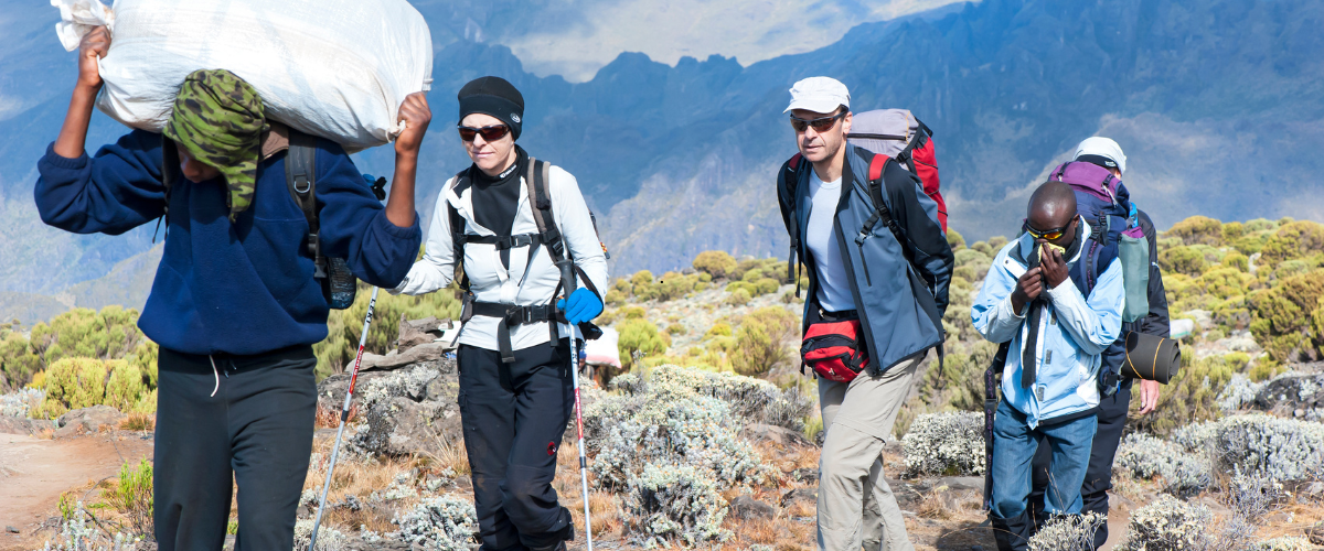 Kilimanjaro mountain crew and porters setting up camp