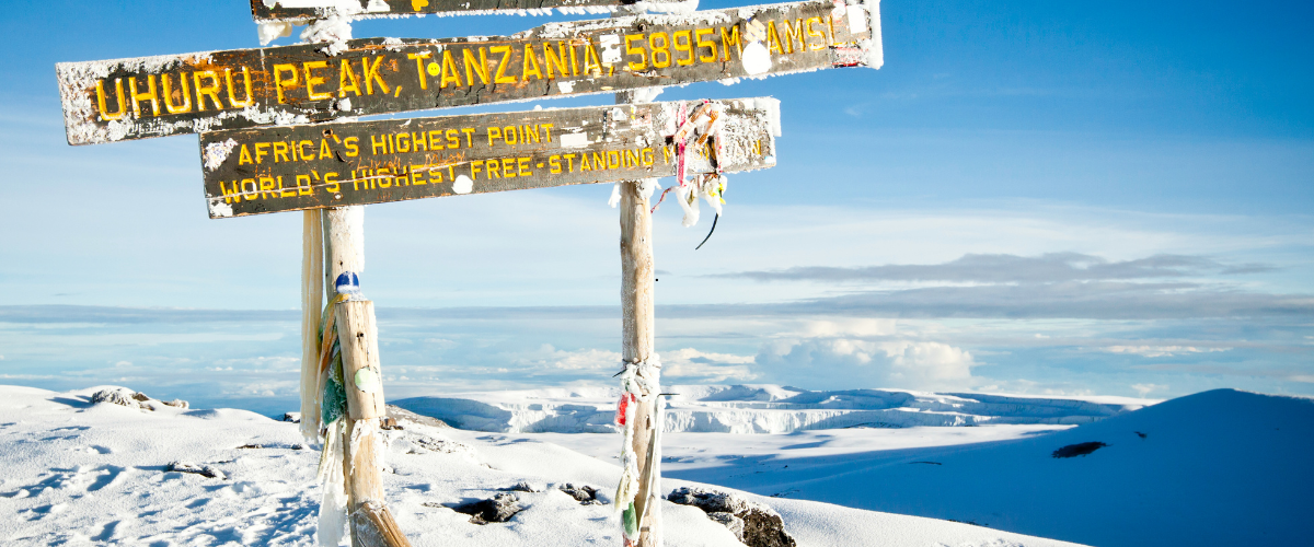The final ascent to the snow-capped Uhuru Peak on Mount Kilimanjaro