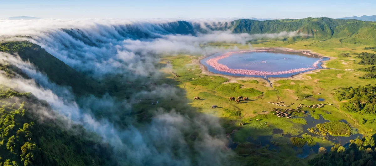 Ngorongoro Crater aerial view with rim and floor